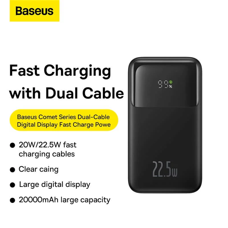 0-14-11 Baseus Comet Series PPMD20 Dual Cable 20000mAh Black 22.5W Power Bank with Digital Display - Image 1