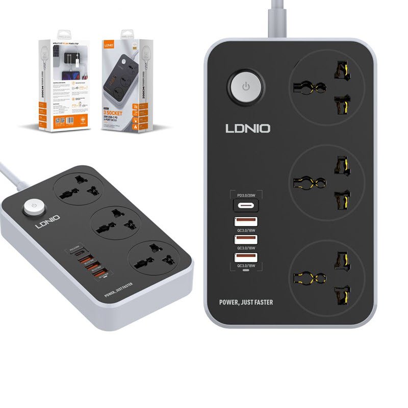 ldnio-sc3412-38w-pd20w-power-strip-3-socket-outlets-and-3-qc-3-0-usb-1 LDNIO SC3412 38W PD20W Power Strip 3 Socket Outlets and 3 QC 3.0 USB - Image 1